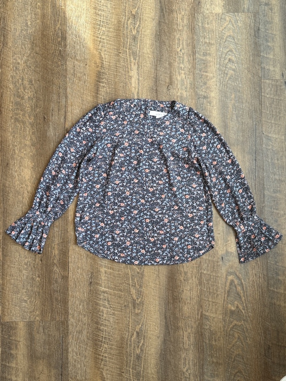 LOFT Petites Women’s Floral Print Peasant Top Long Ruffle Pleated Sleeve XXSP